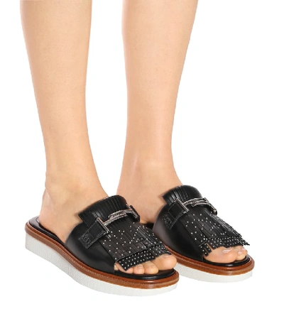 Shop Tod's Double T Leather Slides In Black