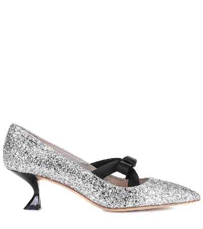 Shop Miu Miu Glitter Kitten-heel Pumps In Silver