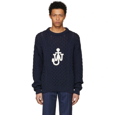 Shop Jw Anderson Navy Cable Knit Logo Sweater