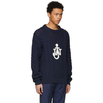 Shop Jw Anderson Navy Cable Knit Logo Sweater