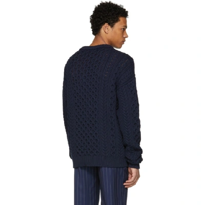 Shop Jw Anderson Navy Cable Knit Logo Sweater