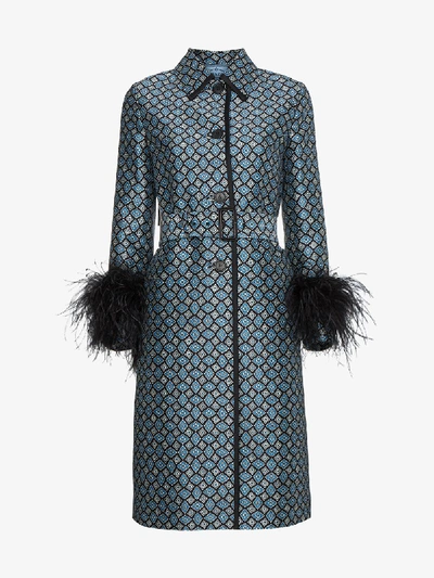 Shop Prada Ostrich Feather Trimmed Wool Blend Coat In Blue