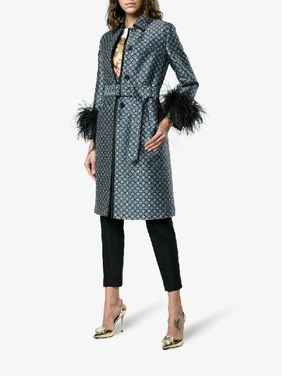 Shop Prada Ostrich Feather Trimmed Wool Blend Coat In Blue