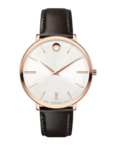 Shop Movado Ultra Slim Rose Goldtone Stainless Steel & Leather Strap Watch In Black Rose Gold