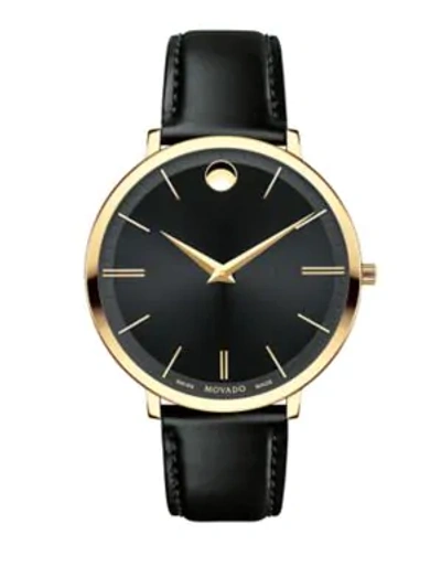 Shop Movado Ultra Slim Goldtone Stainless Steel & Leather Strap Watch In Black Gold