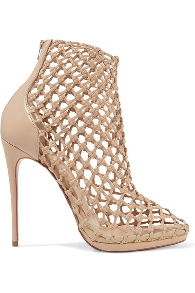 Shop Christian Louboutin Porligat 120 Woven Leather Ankle Boots In Beige