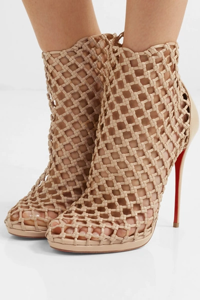 Shop Christian Louboutin Porligat 120 Woven Leather Ankle Boots In Beige