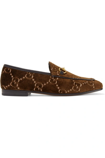 Shop Gucci Jordaan Horsebit-detailed Leather-trimmed Logo-jacquard Loafers