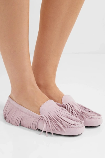 Shop Tod's Gommino Fringed Suede Loafers In Lilac