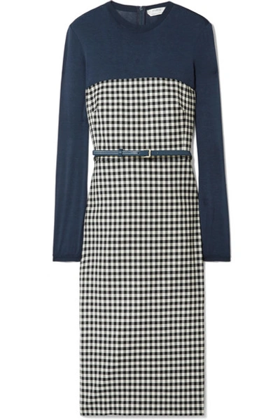 Shop Max Mara Stretch-jersey And Gingham Wool-blend Dress In Navy
