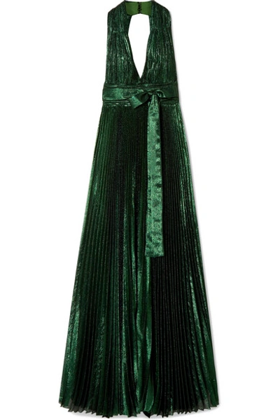 Shop Elie Saab Open-back Pleated Silk-blend Lamé Gown In Emerald