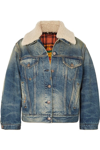 Shop Gucci Appliquéd Shearling-trimmed Denim Jacket In Mid Denim