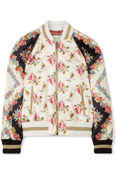 Shop Gucci Appliquéd Floral-print Duchesse Silk-satin Bomber Jacket In Ivory