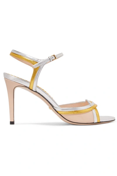 Shop Gucci Metallic And Patent-leather Sandals In Silver