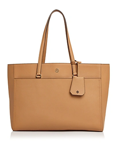 Shop Tory Burch Robinson Leather Tote In Cardamom Tan/gold