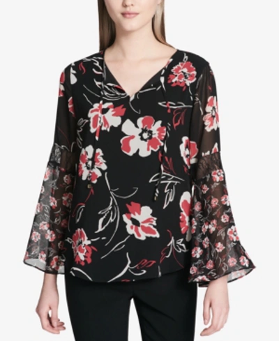 Shop Calvin Klein Split-neck Bell-sleeve Top In Black/watermelon/white