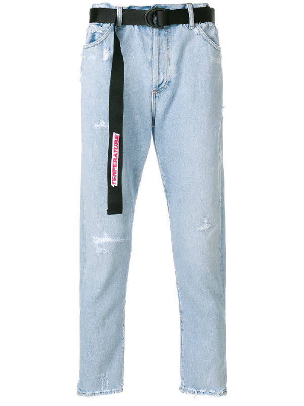 Off-white Distressed Tapered Jeans In Blue | ModeSens