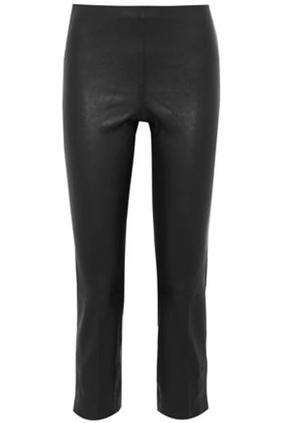 Shop Vince Cropped Leather Skinny Pants In Black
