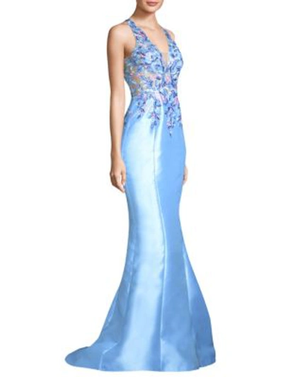 Shop Basix Black Label V-neck Sleeveless Embroidered Gown In Soft Blue