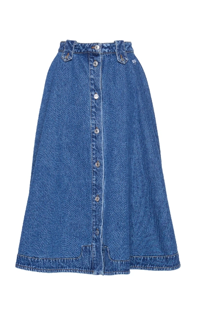 Shop Msgm Front Button Midi Denim Skirt In Blue