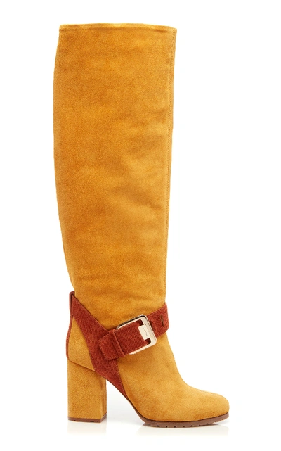 Shop Lanvin Suede Square Buckle Knee Boot In Yellow