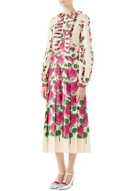 Shop Gucci Pleated Rose Print Silk Midi Dress In Ivory Print/ Pink Print