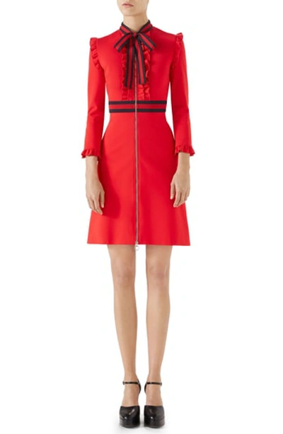 Shop Gucci Ruffle Tie Neck Dress In Intensive Red/ Blue