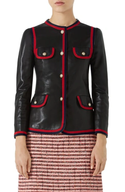 Shop Gucci Ribbon Trim Nappa Leather Jacket In Black/ Blue/ Red