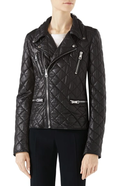 Shop Gucci Logo Quilted Leather Biker Jacket In Black/ White