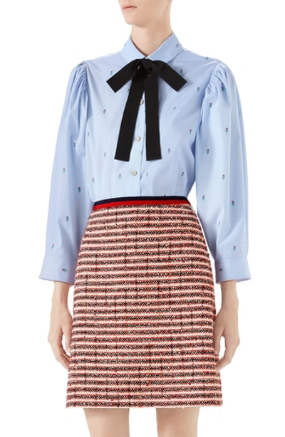 Shop Gucci Ribbon Bow Floral Embroidered Oxford Shirt In Sky Blue/ Black