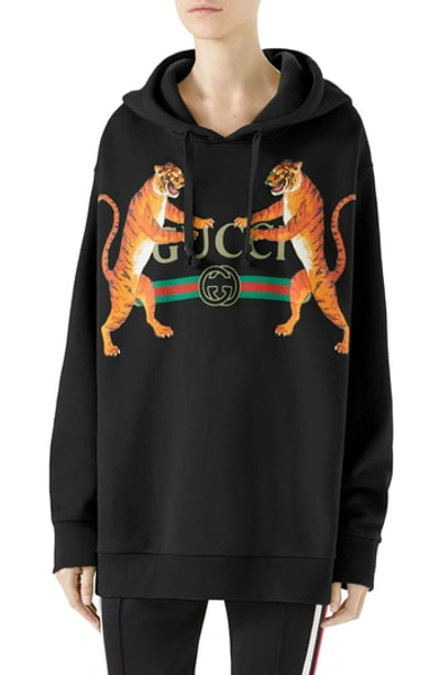 Shop Gucci Tiger Logo Hooded Sweatshirt In Black/ Multicolor