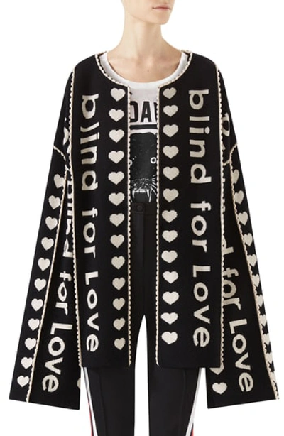 Shop Gucci Blind For Love Jacquard Sweater Coat In Black-gardenia