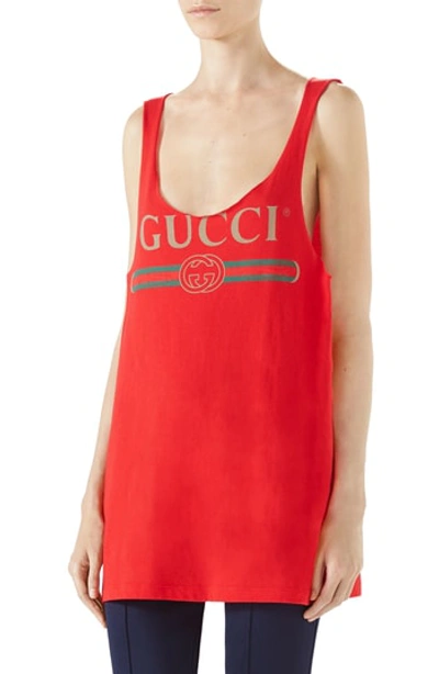 Shop Gucci Logo Jersey Tank In Live Red/ Green/ Red
