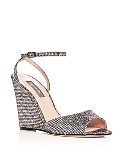 Shop Sjp By Sarah Jessica Parker Women's Boca Glitter Ankle Strap Wedge Sandals In Silver Scintillate
