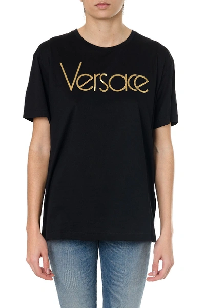 Shop Versace Black Cotton T-shirt With Vintage Logo