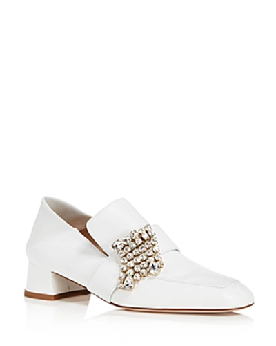 Shop Stuart Weitzman Women's Irises Embellished Leather Block Heel Loafers In White