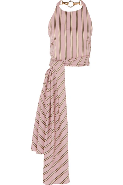 Shop Esteban Cortazar Striped Satin-twill Wrap Top In Blush