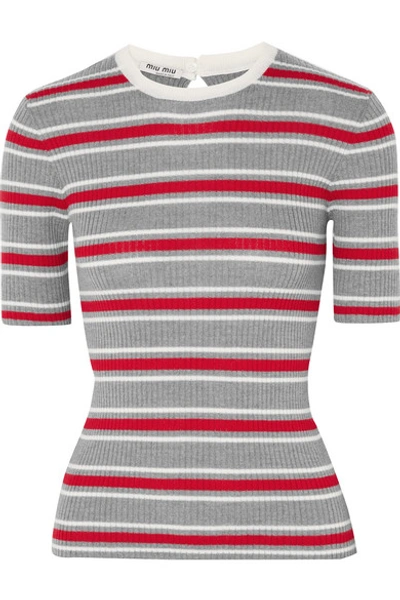 Shop Miu Miu Striped Ribbed Wool Sweater In Gray