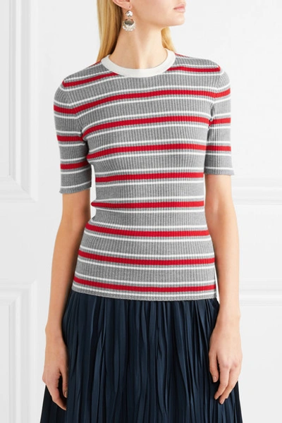 Shop Miu Miu Striped Ribbed Wool Sweater In Gray