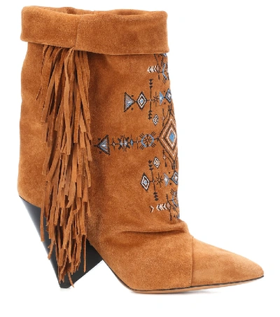 Shop Isabel Marant Lesten Embroidered Suede Boots In Brown