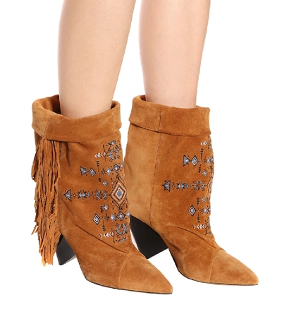 Shop Isabel Marant Lesten Embroidered Suede Boots In Brown