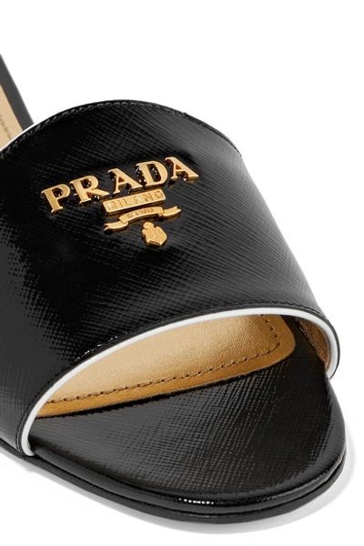 Shop Prada Logo-embellished Glossed Textured-leather Slides In Black
