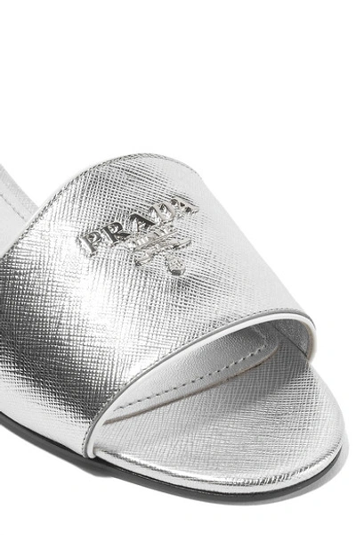 Shop Prada Logo-embellished Metallic Textured-leather Slides In Silver