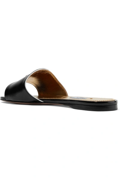 Shop Prada Logo-embellished Glossed Textured-leather Slides In Black