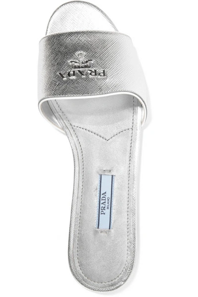 Shop Prada Logo-embellished Metallic Textured-leather Slides In Silver