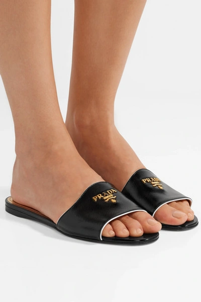 Shop Prada Logo-embellished Glossed Textured-leather Slides In Black