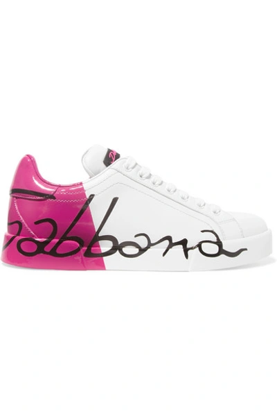 Shop Dolce & Gabbana Logo-painted Leather Sneakers In Bright Pink