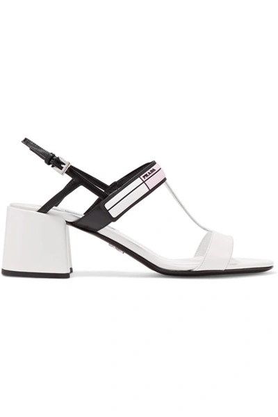 Shop Prada Logo-print Glossed-leather Slingback Sandals In White