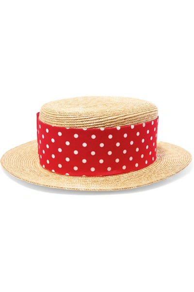 Shop Miu Miu Grosgrain-trimmed Straw Boater In Red