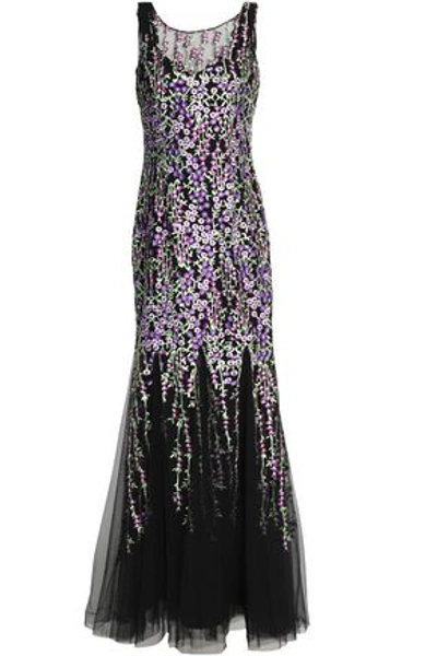 Shop Badgley Mischka Fluted Floral-embroidered Tulle Gown In Violet